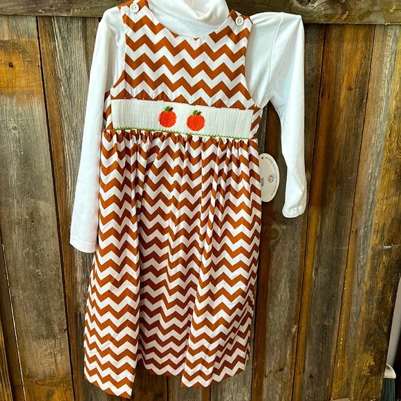 Smocked Giraffe Dresses | Smocked Giraffe - Smocked Pumpkin Dress W/White Long Sleeve Shirt - Girls Size 6 | Color: Brown/White | Size: 6g |